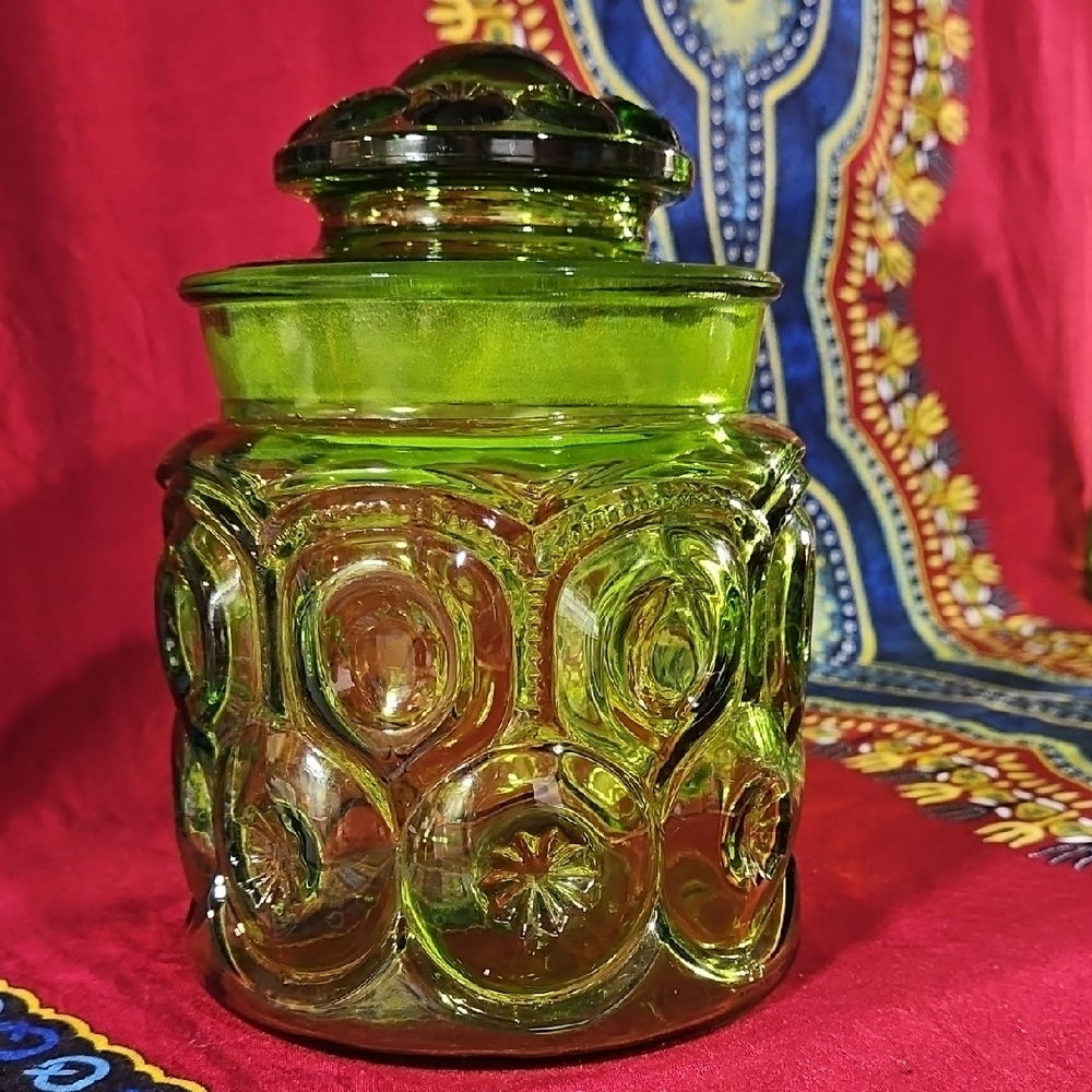 Vtg LE Smith Glass Moon & Stars Emerald Green Lidded Canister Apothecary Jar